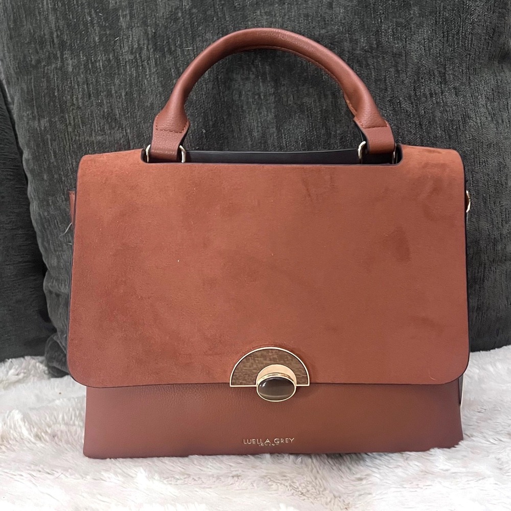 Luella Grey London Brown Mixed Media Satchel Bag Vegan Leather Leopard Strap NEW